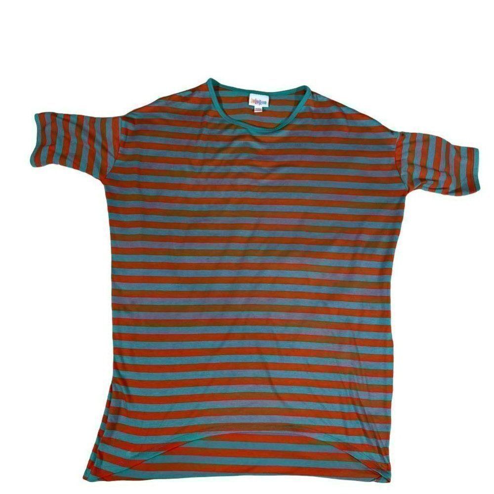 LuLaRoe Irma Tunic Top Womens XXS Teal Orange Striped High-Low‎ Scoop